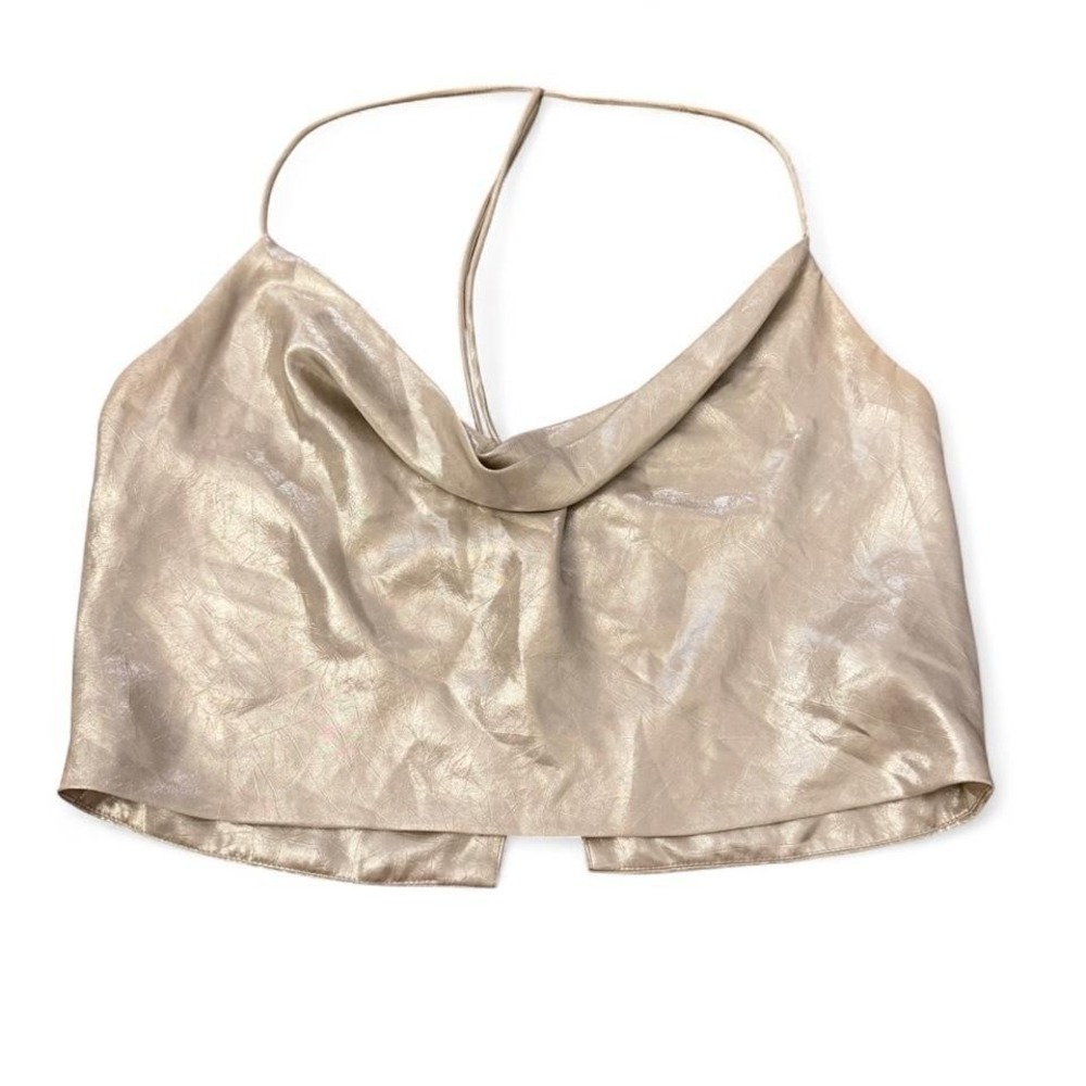 Zara Womens Metallic Gold Cowl Neck Crop Top T-Back Shimmer Cami Small